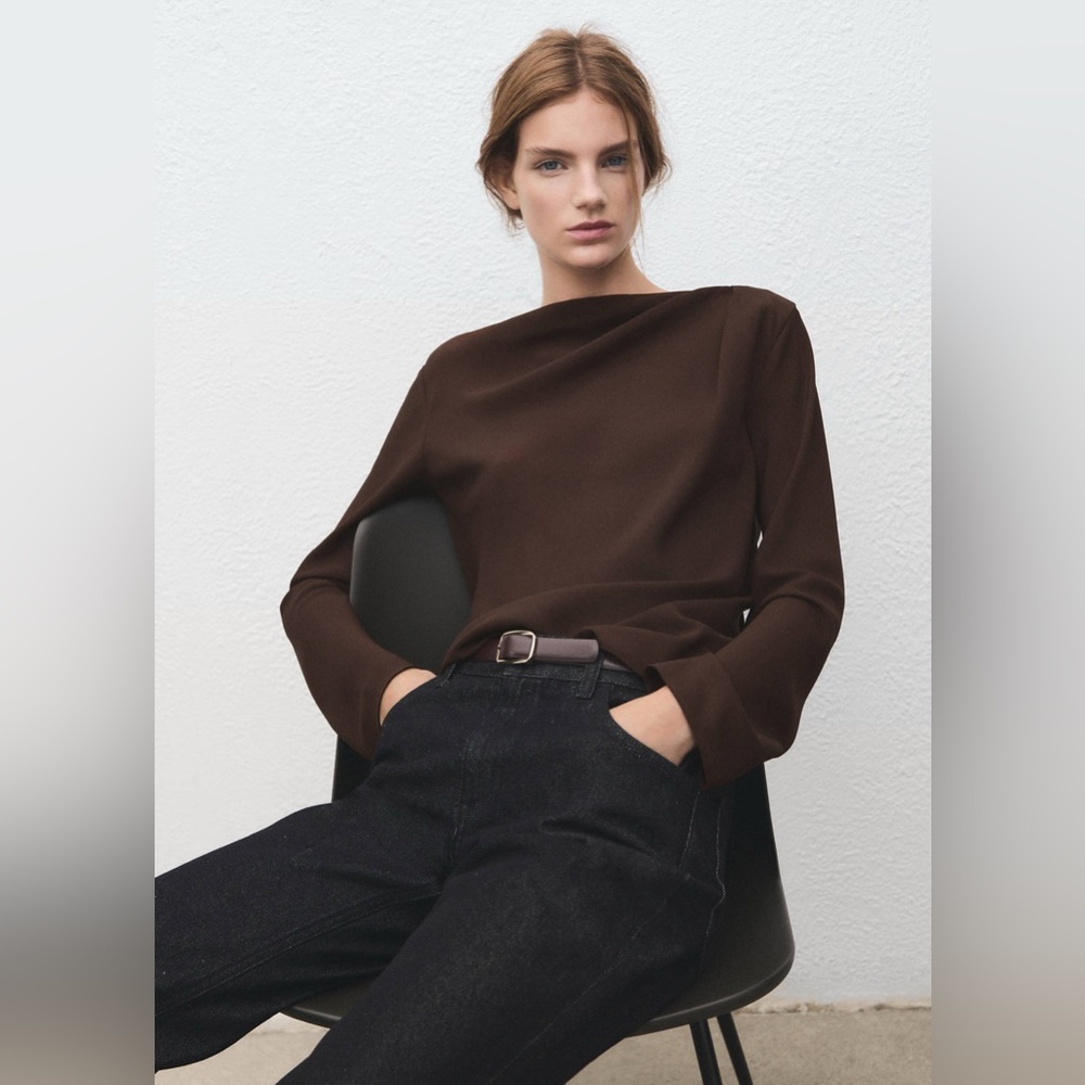 NWT MANGO Draped Boat-Neck Blouse in Brown
